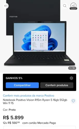 Vendo notebook Vision R15M novo