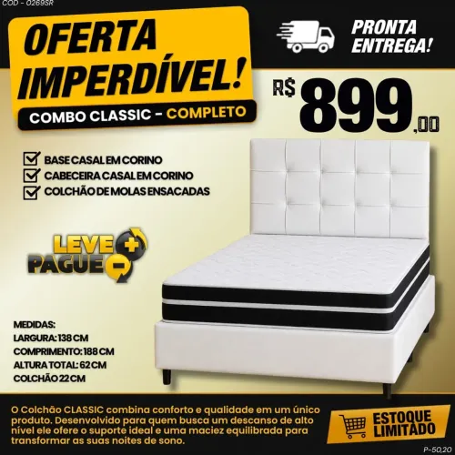 Base Casal + Colchão Molas e Cabeceira