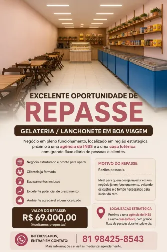 Repasse de Gelateria/ Lanchonete em Boa Viagem - Excelente oportunidade!