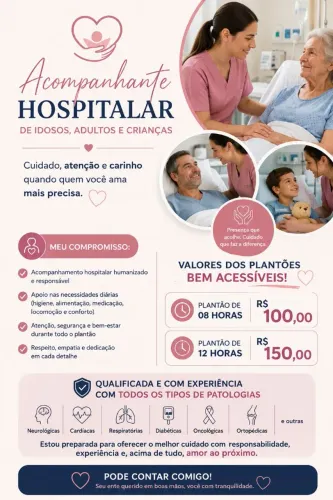 CUIDADORA QUALIFICADA DISPONÍVEL PARA RESIDÊNCIA E HOSPITAL