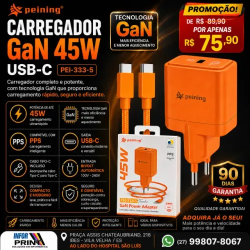 Carregador de Celular GaN 45W USB-C Peining - PEI-333-5