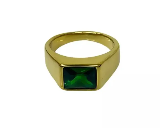 anel masculino formatura colaçao pedra verde aço inox 316l dourado retangular