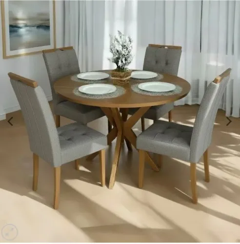 Conjunto de Jantar Simpatia Wood Redondo 4 Lugares - Cinamomo com Linho Grafite