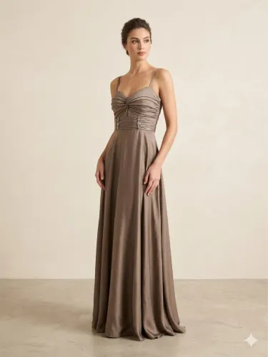 Vestido de Festa Longo - Cor Bronze/Taupe - Medidas na Foto - Ótimo Estado