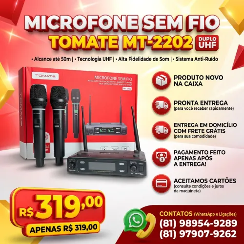 Microfone Sem Fio Wireless Profissional Tomate Mt-2202 Uhf 