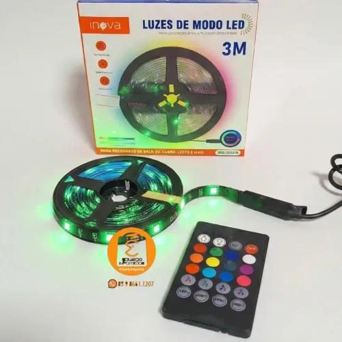 Fita de Led USB 3 Metros com Sensor de Ritmo Musical, RGB Colorido + Controle Remoto