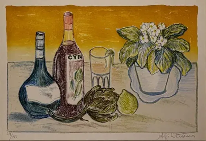 AGI STRAUS - Sobre a mesa é uma litografia com 41 x 60 cm e com moldura e assonada à mão