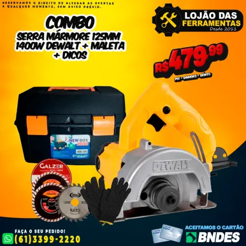 Combo Serra Mármore 125mm 1400w Dewalt + Maleta + Dicos