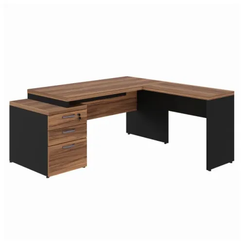 Mesa Pedestal em L 1,92x1,60 Nogal Sevilha Preto Amplo Espaço Executivo 21406