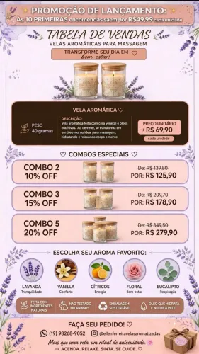 Velas para massagem e velas aromáticas.