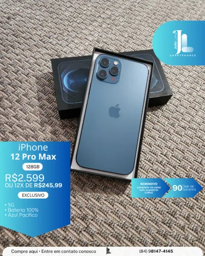 IPHONE 12 PRO MAX, 128GB, AZUL PACÍFICO, BAT 100%, SEMINOVO, EXCLUSIVO!