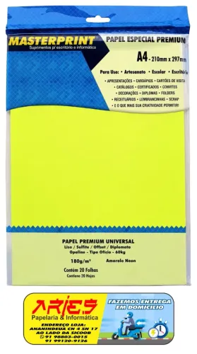 PAPEL OFFSET SULFITE OPALINE DIPLOMATA AMARELO NEON A4 180G 20 FOLHAS MASTERPRINT