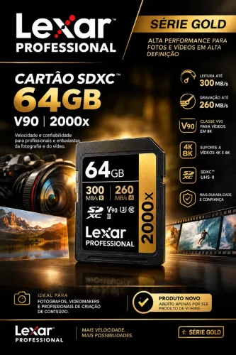 Cartão Lexar 64GB v90 2000x séries gold