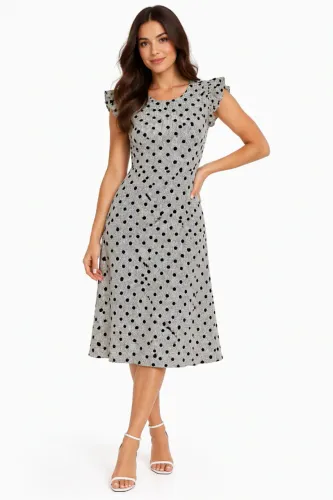 Vestido Midi Poá Feminino Elegante Branco e Preto P