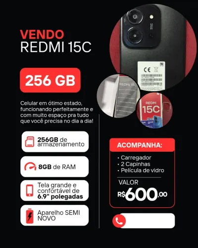 Celular Redmi 15C 16gb RAM 256GB Semi Novo Na Caixa