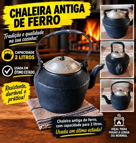 Chaleira antiga de ferro com tampa