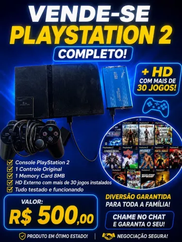 PS2 Completo, Um controle, HD com mais de 30 jogos,em perfeito estado