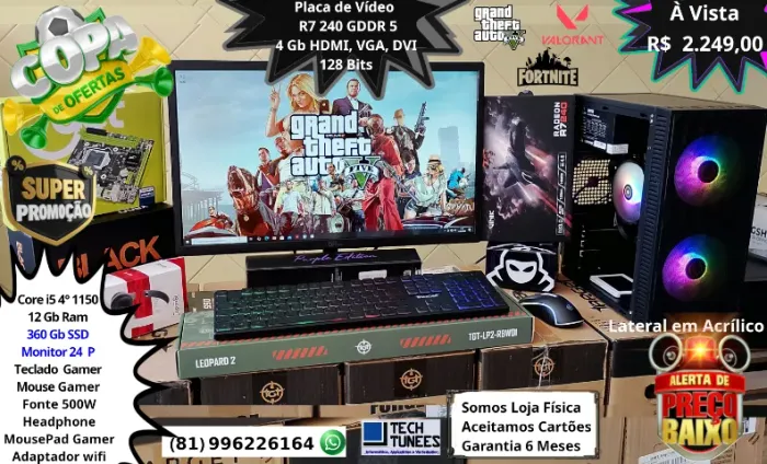 PCs Gamer Completos - Core i5, Core i7 - 12Gb, 16Gb Ram - 360 Gb - Monitor 24- Placa Video