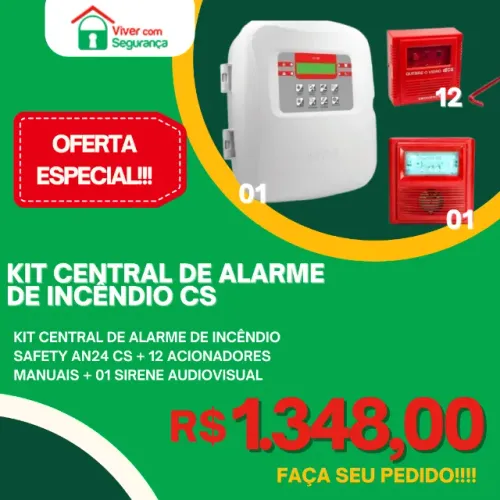 Kit Promocional - Central de Alarme de Incêndio Safety AN24 + 12 Acionadores + 1 Sirene