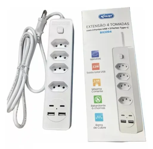 Filtro De Linha Extensão Knup 2M / 4 Tomadas + 2 Usb + 2 Tipo C Cor Branco 2500W / 2.4A