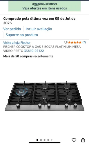 Cooktop Fischer a Gás 5 Bocas Platinum Vidro Preto