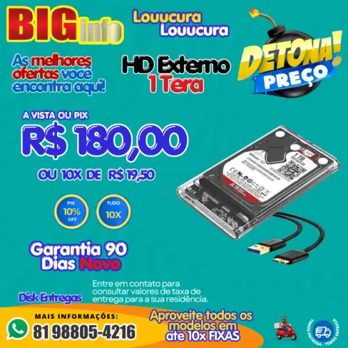 HD Externo 1TB Portátil USB 3.0 com Case Transparente para PC, PS4, Xbox e TV 