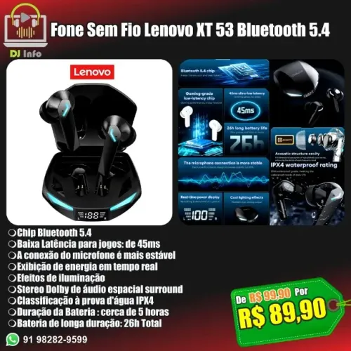 Fone Sem Fio Lenovo XT 53 Bluetooth 5.4 2025