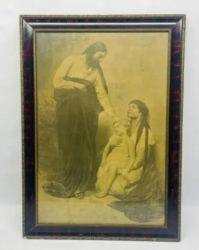 Quadro religioso antigo com moldura em madeira