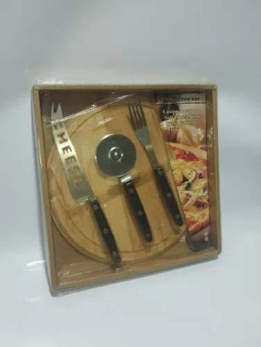 Kit Pizza 4 Peças - Tábua, Cortador, Faca e Garfo