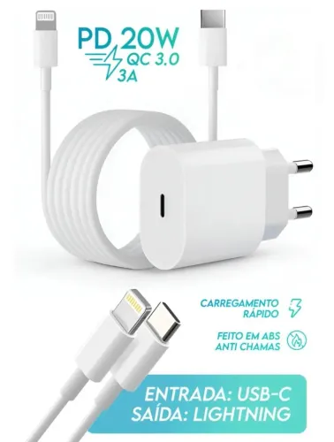 Carregador Rápido 20w iPhone Usb-c Lightniing Bivolt Com Cabo 1m Carregamento Turbo