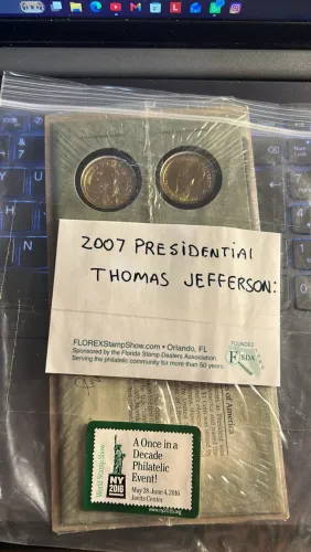 Envelope Presidential 2007 Thomas Jefferson, 2 Moedas de US$ 1 (D e P)