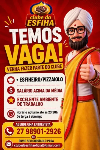 Vaga para Esfiheiro / Pizzaiolo