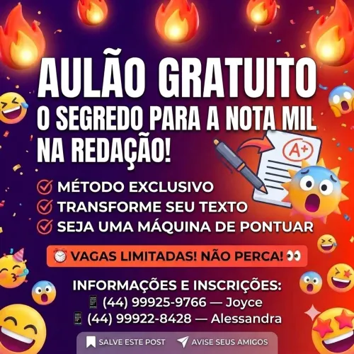 Pacotes de redações, aulas via meet e presencial.
