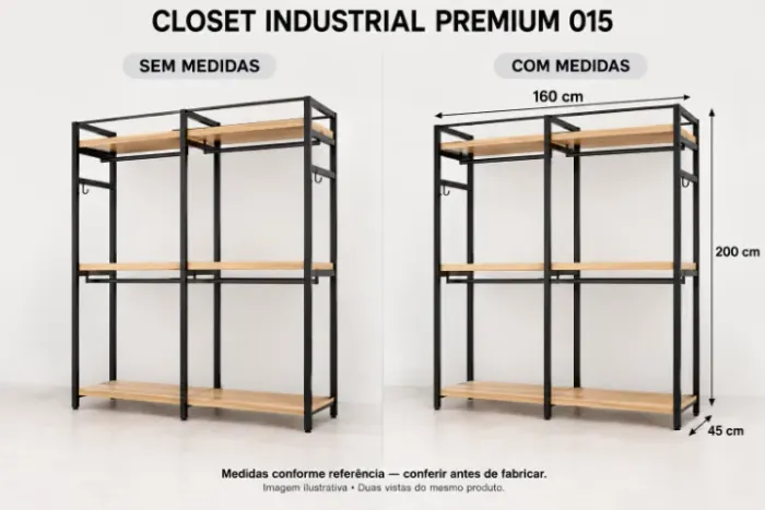 CLOSET INDUSTRIAL 160 CM COM CABIDEIROS E 3 PRATELEIRAS