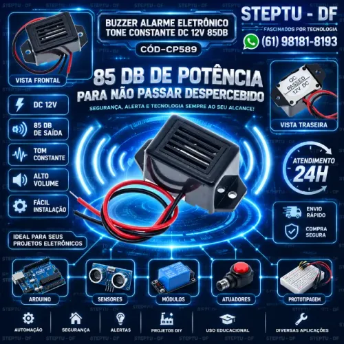Buzzer Alarme Eletrônico Tone Constante Dc 12v 85db Arduino Automação COD-CP589