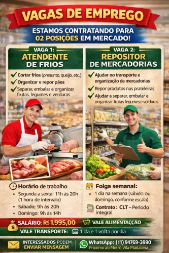 ? Mercado contrata: Repositor e Cortador de Frios | Próximo ao metrô Vila Madalena