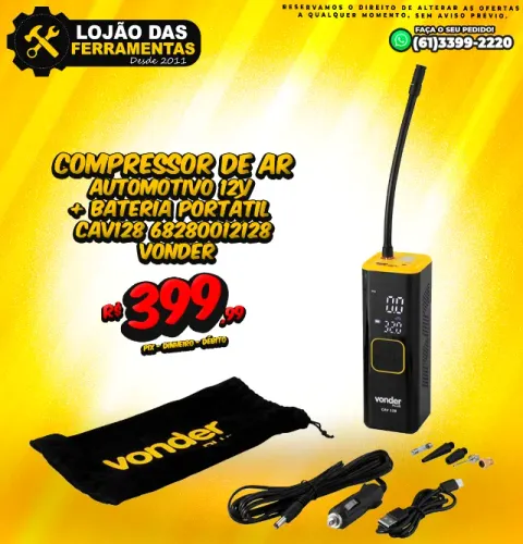 Compressor de Ar Automotivo 12v + Bateria Portátil CAV128 Vonder