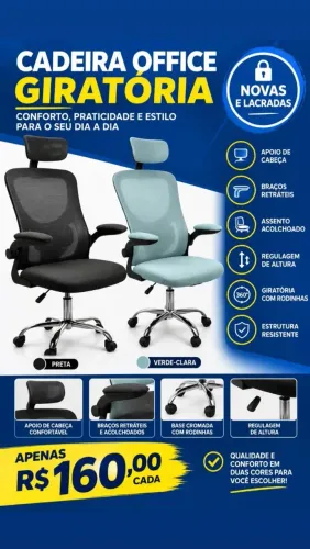Cadeira de Escritório Giratória com Apoio de Cabeça - R$ 160