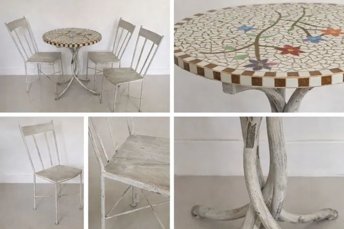 ? Conjunto Exclusivo - Mesa em Mosaico + 3 Cadeiras de Metal ?