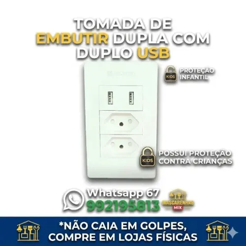 Tomada de Embutir Dupla + 2 Entradas USB Cod: 0176