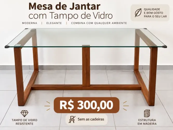 Mesa de Jantar com Tampo de Vidro e Estrutura em Madeira