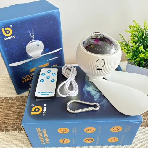 Ventilador portátil de teto com controle remoto, luz LED e projeção.