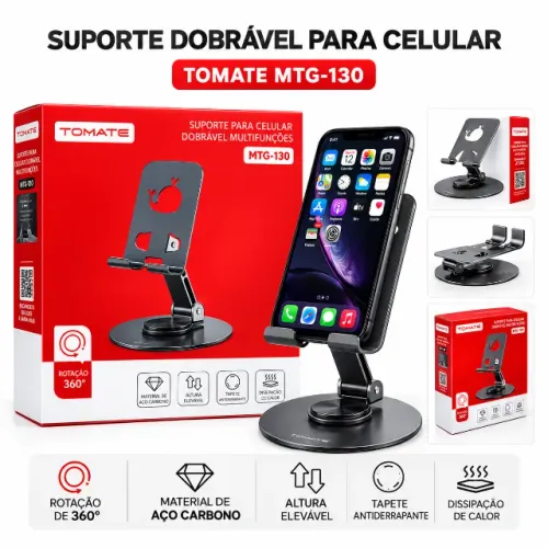 Suporte para celular e tablet com rotação 360°, altura ajustável, estrutura em aço carbono
