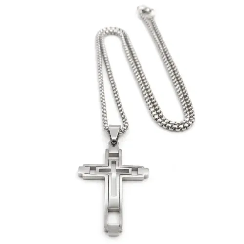 Cordão Cruz Masculino em Aço Inoxidável Prateado 60cm Pingente