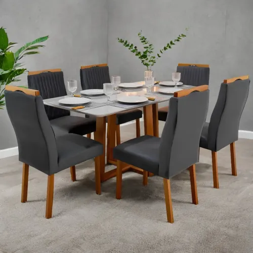 Mesa Pedro 160 Mel/Off White com 6 Cadeiras Gênova Veludo Grafite tt43