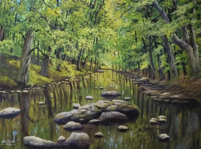 Quadro pintado à mão - O rio e a floresta