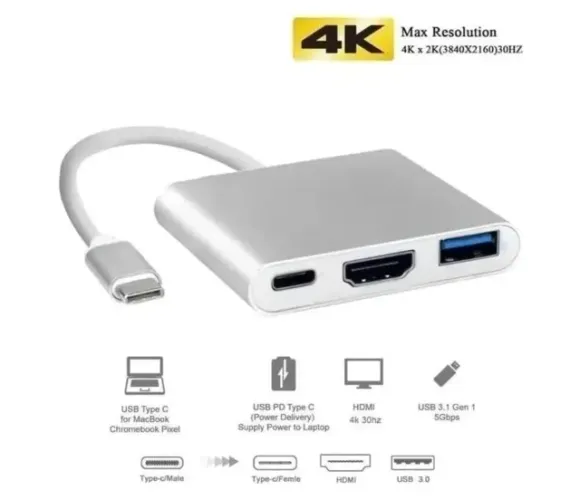 Adaptador USB-C para HDMI 4K, USB 3.0 e Carga PD - MacBook, Thunderbolt 3 dex