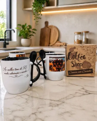 Kit 5 Canecas Porcelana Personalizadas com Colher e Caixa