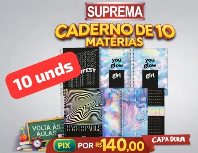 CADERNO 10 MATÉRIAS CAPA DURA PROMOÇÃO PRA 10 UNDS