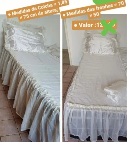 Colcha solteiro de seda pura com babados.Acompanha lençol de elástico e duas fronhas. NOVO
